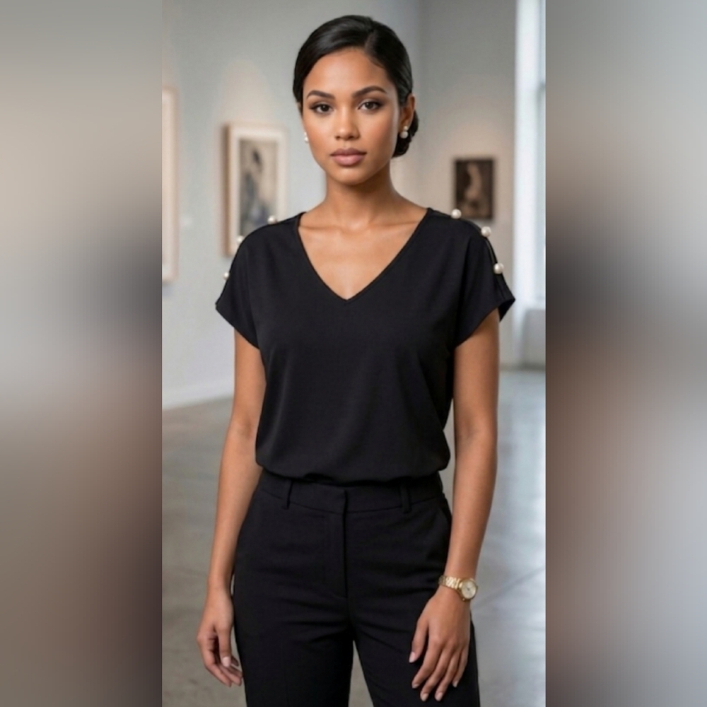 🌷NWOT 89th & Madison Black V-Neck Short Sleeve Top with Pearl Shoulder Buttons - Picture 2 of 6